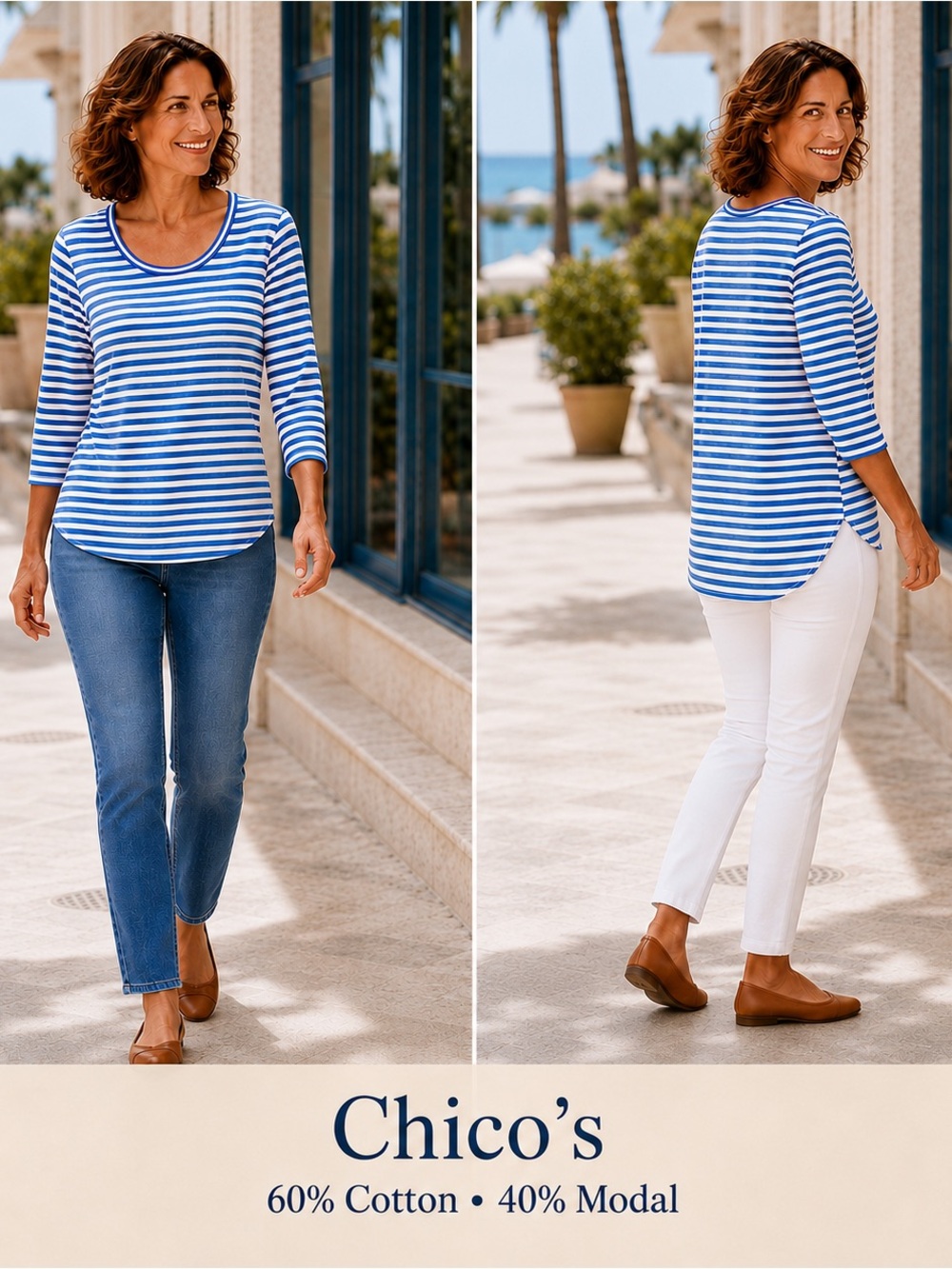 Chico’s Striped Indigo/ White High-Low Tee 3/4 Sleeve Cotton Modal Size 2 Large